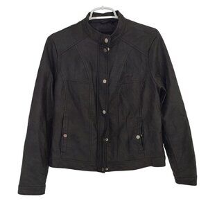 Bernardo women's grey faux leather jacket with snap buttons and zip closure.